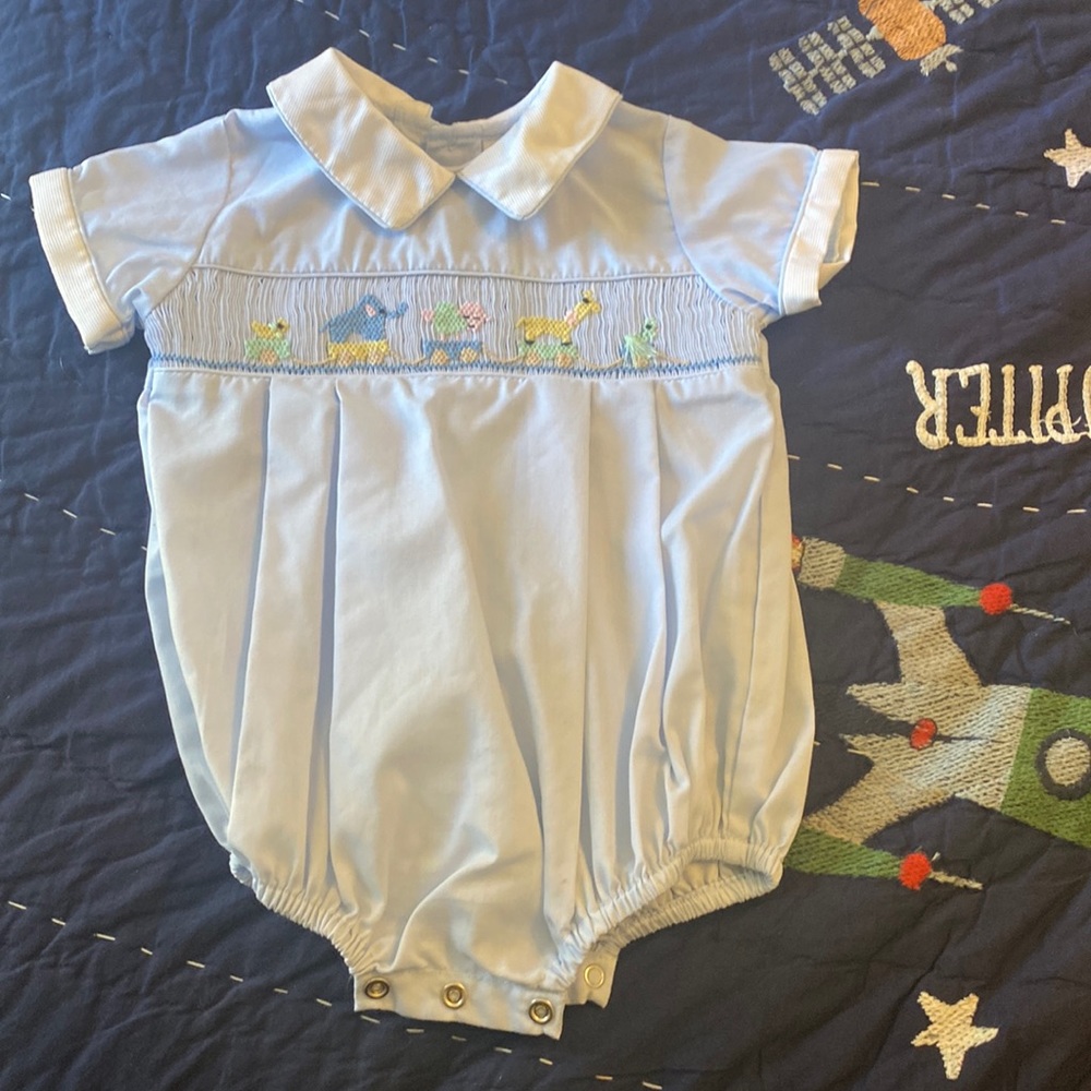 Baby Blue, Smocked Onesie with Collar